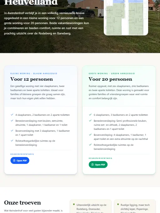 Holiday homes page showing the two accommodation options